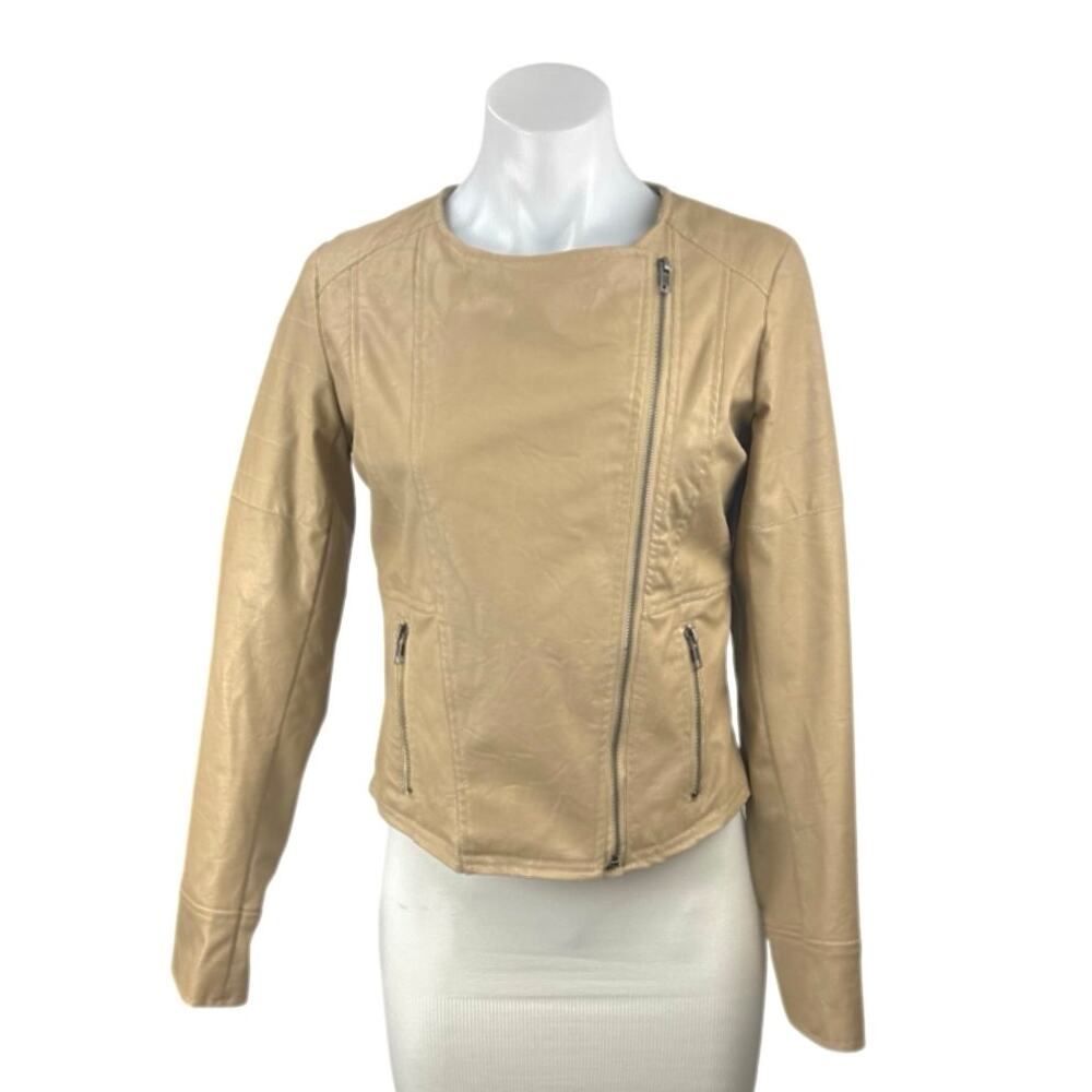 Jack Women's Beige Faux Leather Vegan Asymmetric Zip Up Biker Moto Jacket Size S